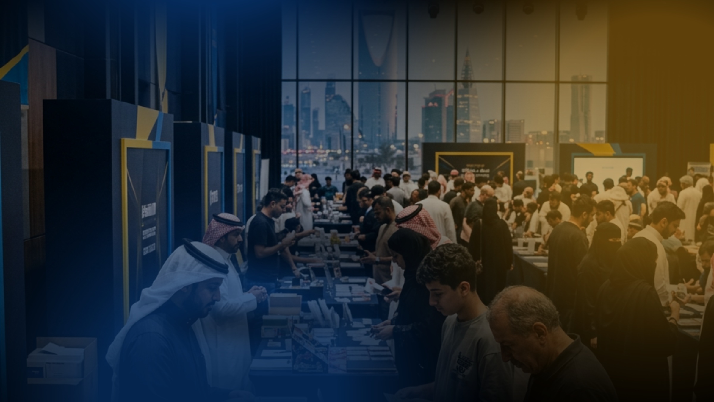 Collectors and vendors browsing a trading card convention floor with the Riyadh skyline in view.