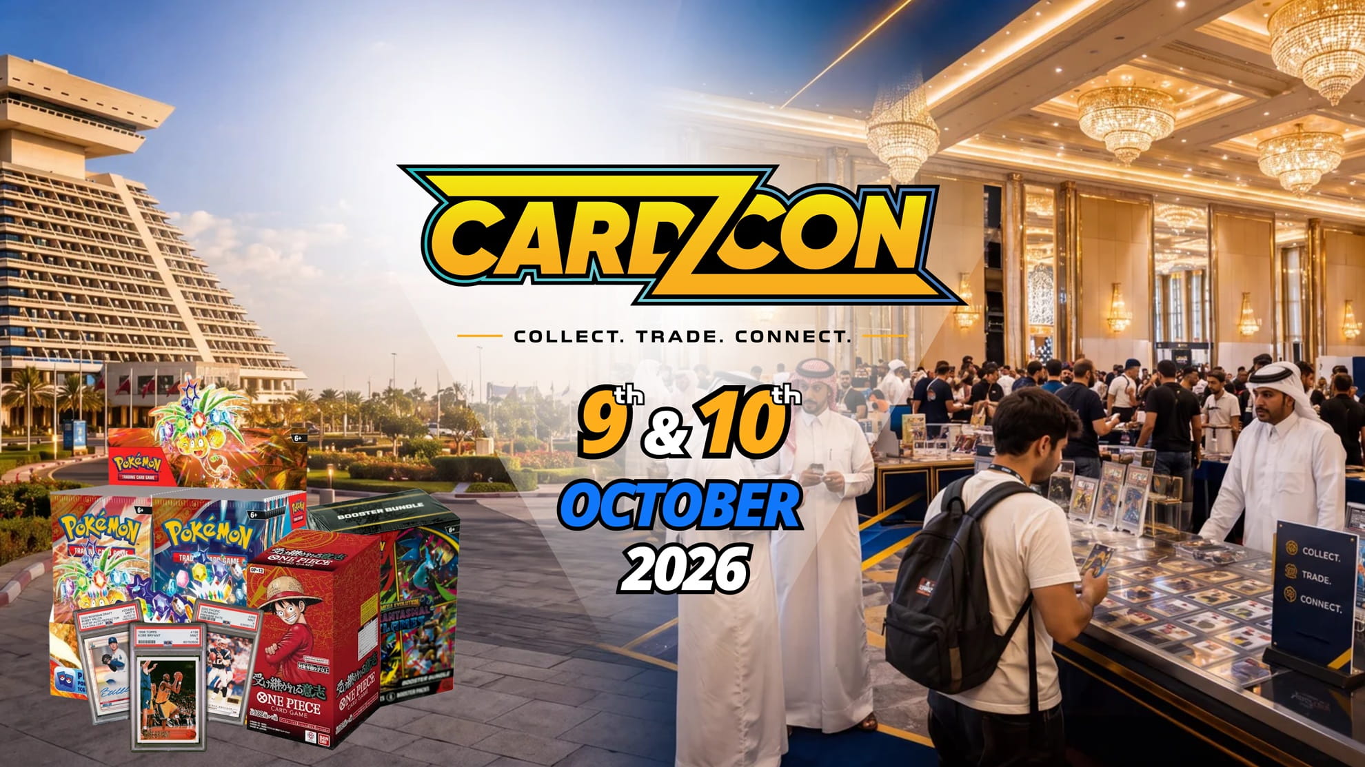 Cardz Con 2026 - Collect, Trade, Connect. October 9th & 10th at Sheraton Doha Hotel & Resort. Trading cards, vendor booths, and convention floor.